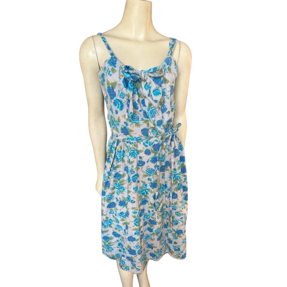 Vintage 1950s Blue Floral Party Day Summer Pinup Flowers Wrap Dress Small Medium